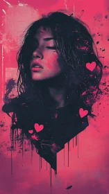 Portrait of woman in pink and black splatter heart composition