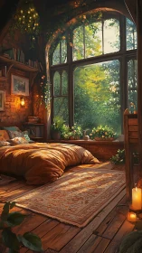 Sunlit forest bedroom sanctuary glows with warm rustic charm