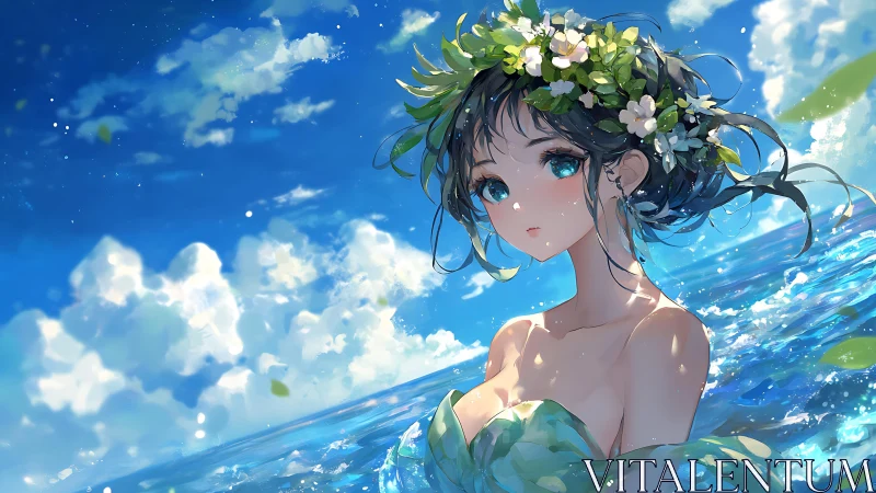 Anime girl stands in bright blue ocean under vivid sky