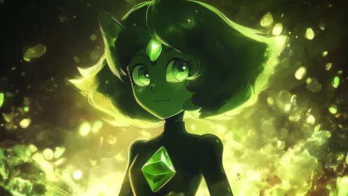 Green gem powered anime girl in glowing energy field.