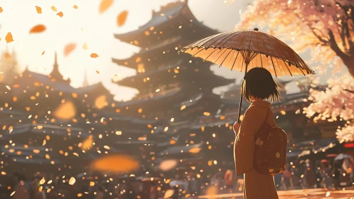 Girl with umbrella near pagoda under falling leaves at dusk.