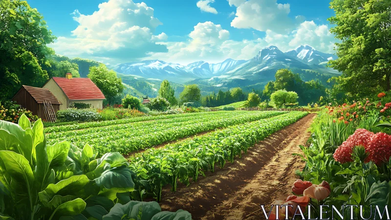 Cultivated vegetable field with cottage and distant mountains.