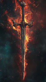 Flaming greatsword suspended in dark infernal smoke.