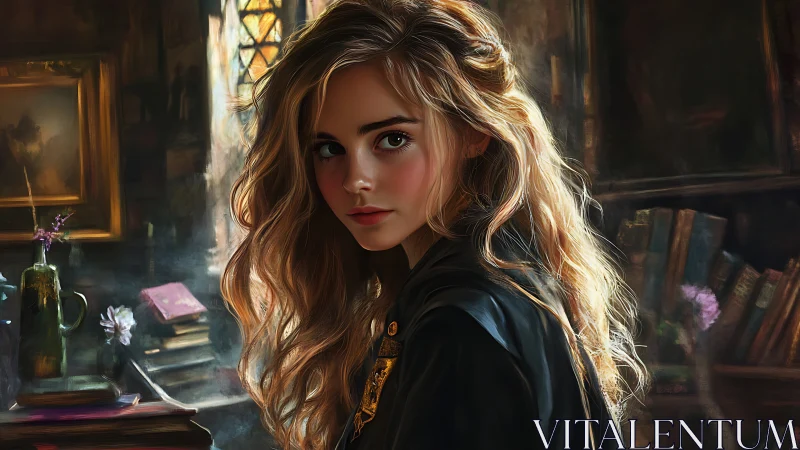 Golden haired student in dim rustic library interior, 3/4 view