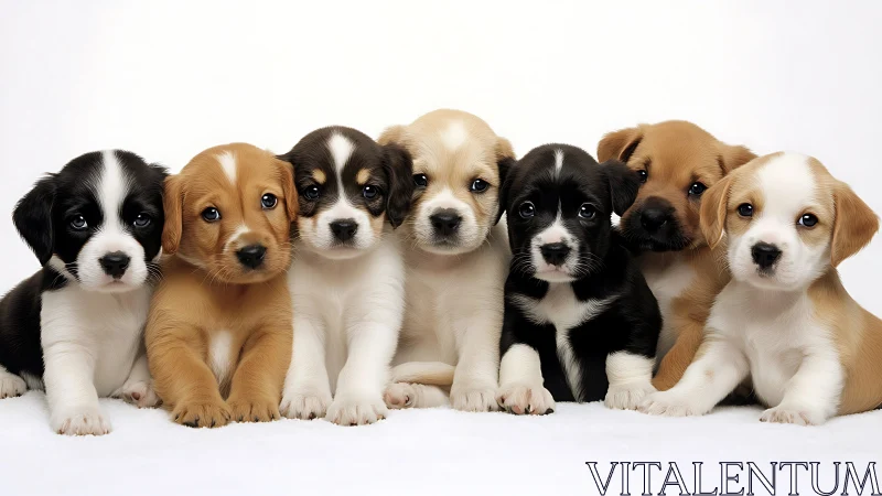 Row of multicolored puppies on seamless white backdrop.