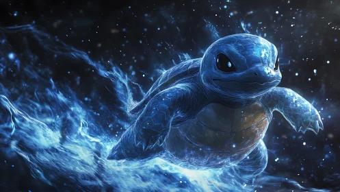Iridescent water turtle surging through cosmic waves.