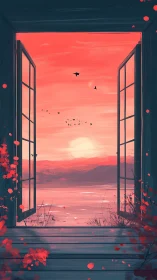 Open balcony frames pink coastal sunset over distant mountains