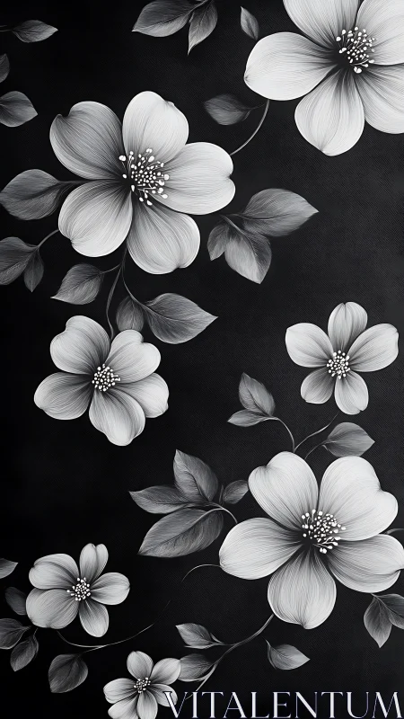Monochrome floral composition with dogwood blooms on dark background.