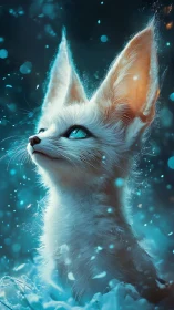 Luminous arctic fox portrait gazes upward in falling snow