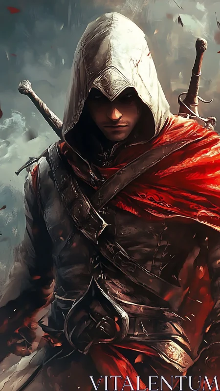 Hooded rogue prowls through embers in crimson-wrapped silence