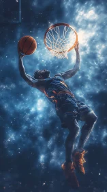 Cosmic basketball dunker soaring toward glowing rim.