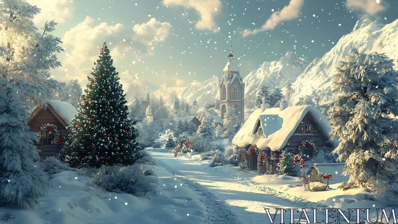 Snow-covered alpine village with decorated Christmas tree at dusk