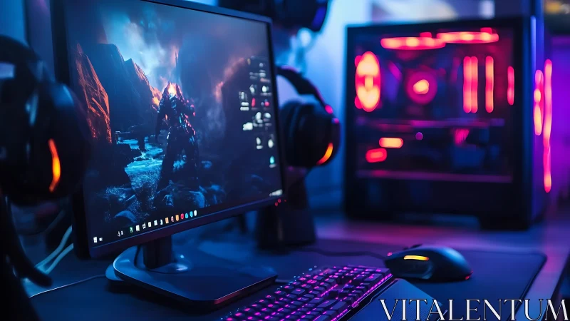 Immersive RGB gaming battlestation with neon desktop rig.