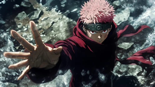 Fierce anime hero reaches forward through swirling chaos