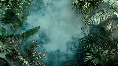 Emerald jungle curtain framing a dreamy teal oasis wall.