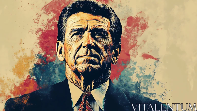 Stylized male portrait against textured color background.