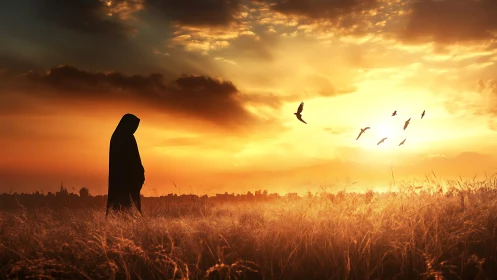 Hooded silhouette in backlit grassland under stratified sunset.