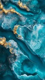 Teal fluid layers with metallic gold vein-like structures.