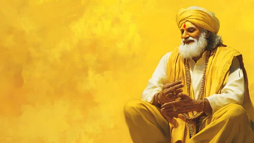 Digital painting of serene elder guru on saffron ground.