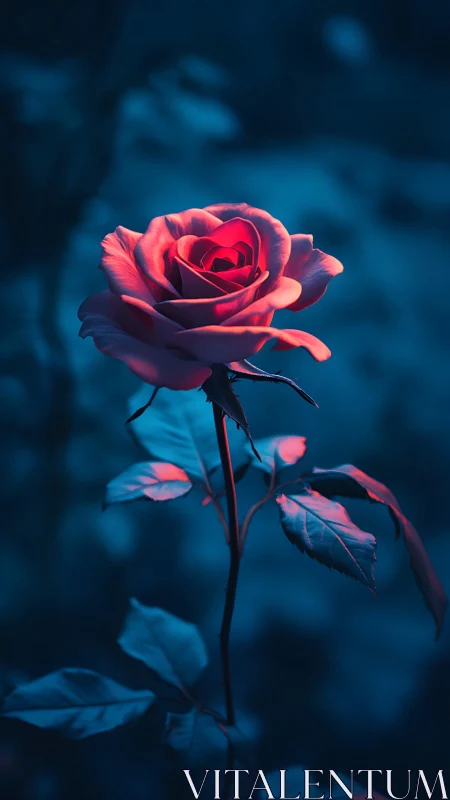Red Rose Illuminated Against Deep Blue Darkness