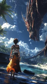 Human wanderer confronts colossal biomechanical dragon at lagoon