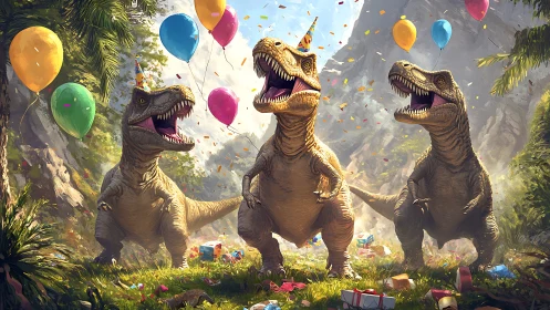 Three dinosaurs celebrate with colorful balloons in tropical jungle setting.