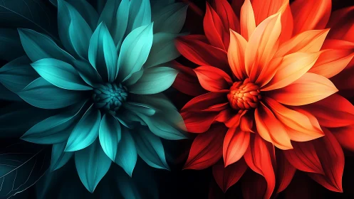 Two contrasting digital flowers display teal and red petals