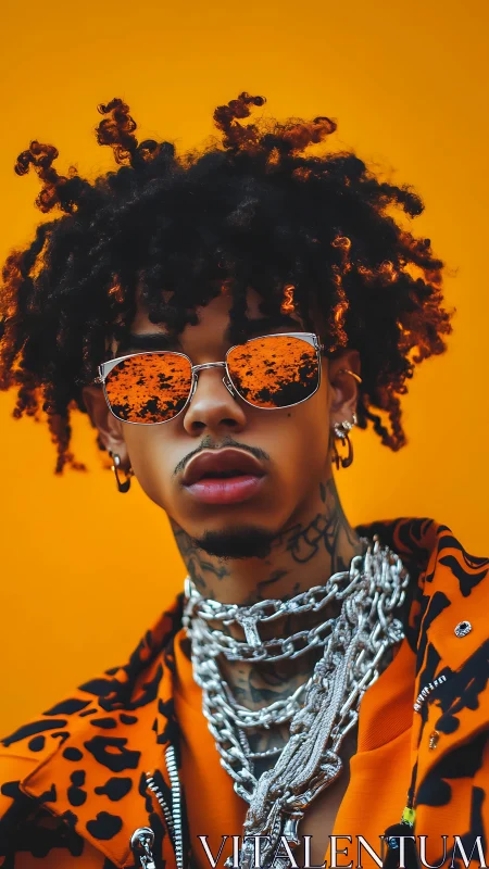Neon-clad street style portrait with mirrored orange shades.