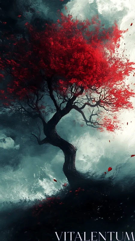 Crimson tree twists against stormlit monochrome sky.