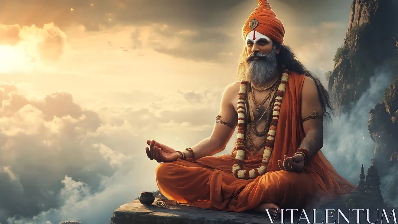Meditating sage in orange robes sits above luminous cloudscape