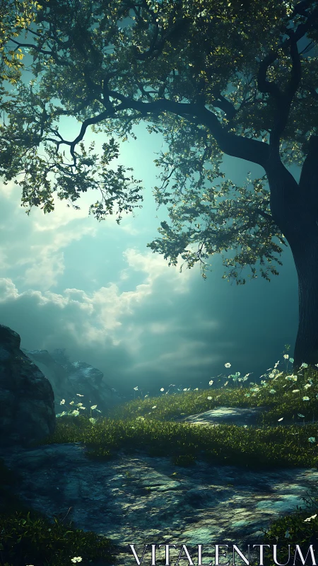 Emerald Canopy Gateway: Where Ancient Trees Frame Celestial Light