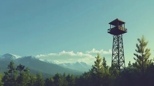 Quiet watchtower rises over peaceful pine forest valley