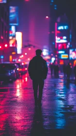 Lone figure walks through neon city streets in rainy twilight