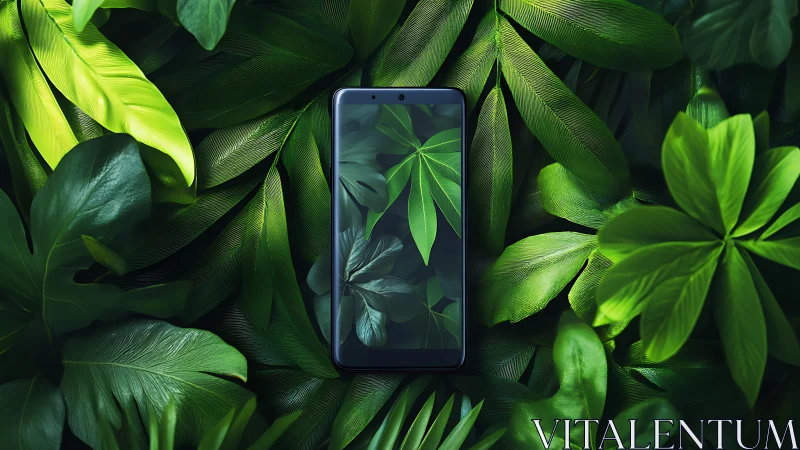 Photorealistic smartphone amid layered tropical foliage study.