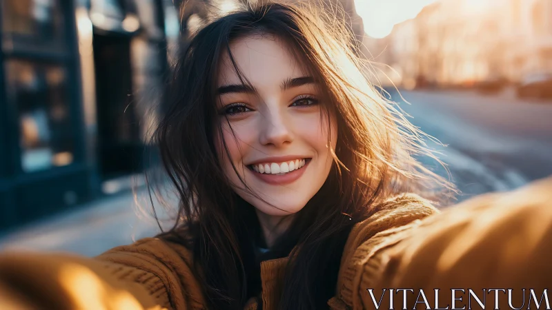 Golden hour street selfie captures joyful urban energy.
