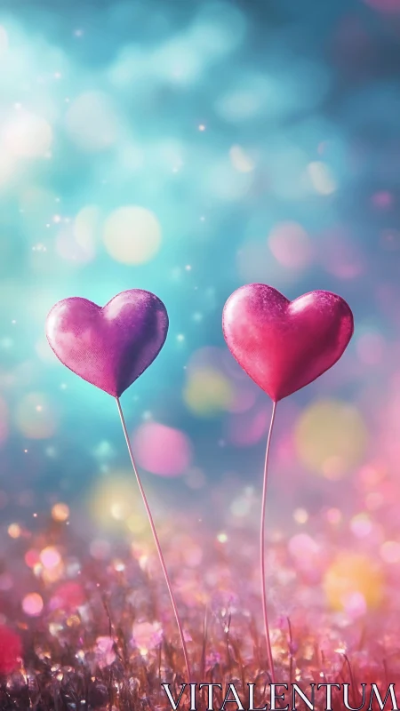 Two Pink Heart Balloons Float Through Dreamy Bokeh Sky