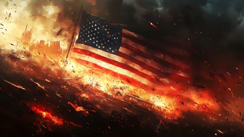 Tattered American flag endures amid apocalyptic inferno.
