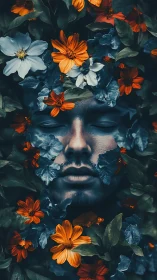 Man’s serene face framed by vivid orange and white flowers.
