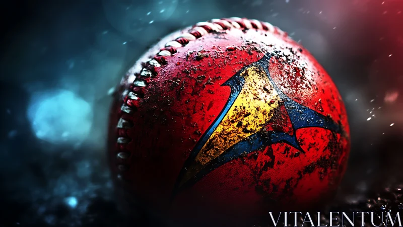Mud-splattered red baseball displays sharp yellow emblem