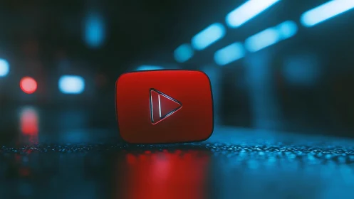 Red play button icon stands on wet surface under neon light