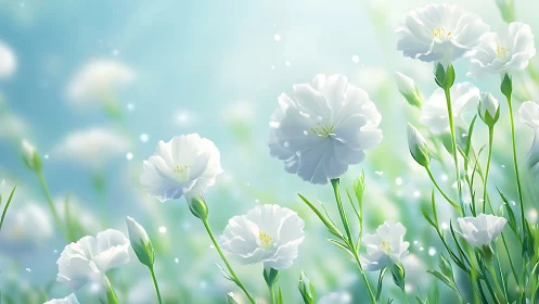 White carnation flowers rendered with bokeh atmospheric effects