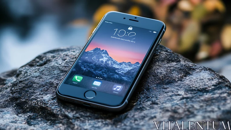 iPhone on Stone Surface with Mountain Sunset Display