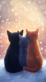 Three Cats Positioned in Snowy Environment Against Bokeh Background.