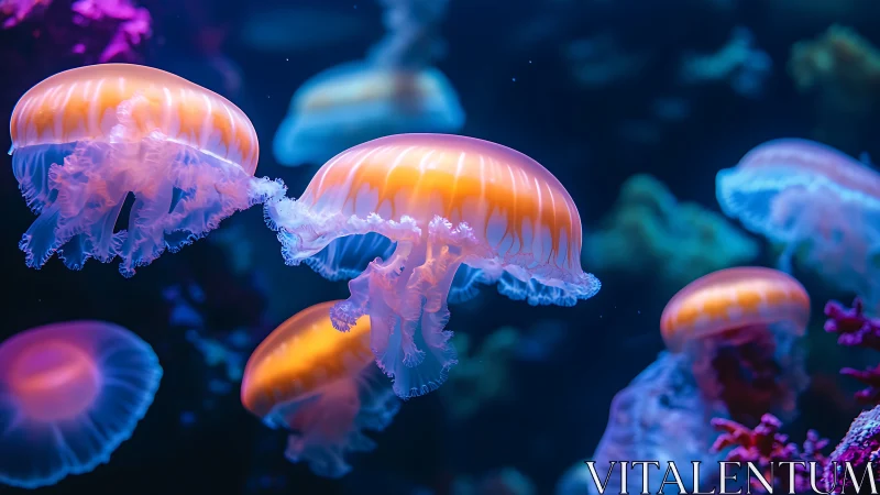 Luminous jellyfish drift through a neon blue underwater realm.