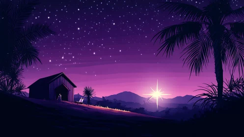 Starlit nativity hillside under violet dawn and guiding star.