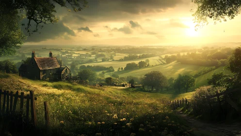 Sunlit farmhouse overlooks rolling countryside at golden hour