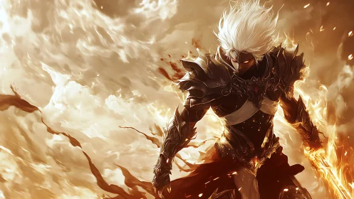 Armored white haired warrior amid swirling fire clouds.
