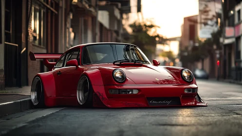 Lowered red widebody sports car on empty urban street at dusk.