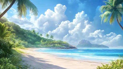 Tropical Beach Paradise with Mountains and Palm Trees.