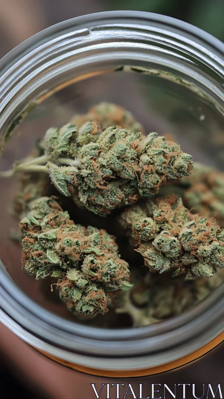 Cozy glass jar cradling frosty green herbal blossoms.